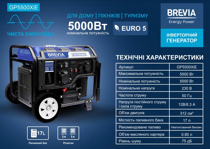 Генератор інверторний бензиновий BREVIA GP5500XiE, з електростартером — фото 5