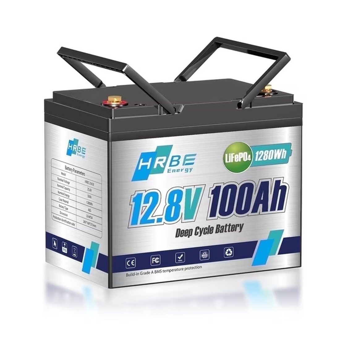 Акумулятор HRBEEnergy LiFePO4 12V/100AH (1280W*h), Smart BMS, Bluetooth APP, (літій-залізо-фосфатний акумулятор для ДБЖ (UPS)) 260 мм