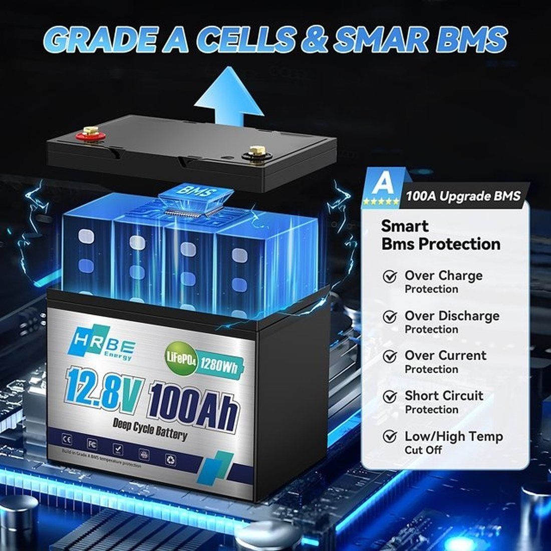 Акумулятор HRBEEnergy LiFePO4 12V/100AH (1280W*h), Smart BMS, Bluetooth APP, (літій-залізо-фосфатний акумулятор для ДБЖ (UPS)) 260 мм — фото 2
