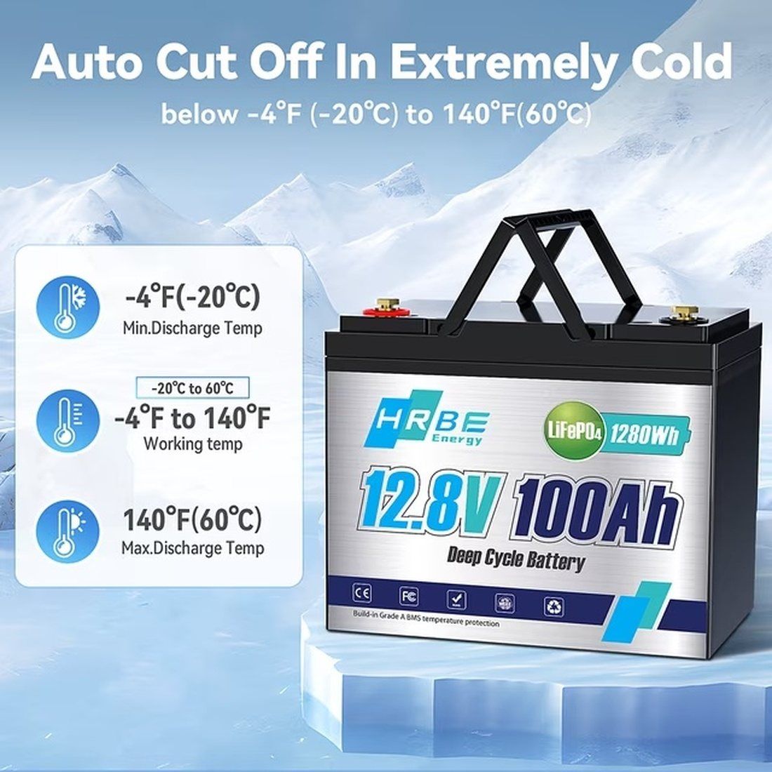 Акумулятор HRBEEnergy LiFePO4 12V/100AH (1280W*h), Smart BMS, Bluetooth APP, (літій-залізо-фосфатний акумулятор для ДБЖ (UPS)) 260 мм — фото 3