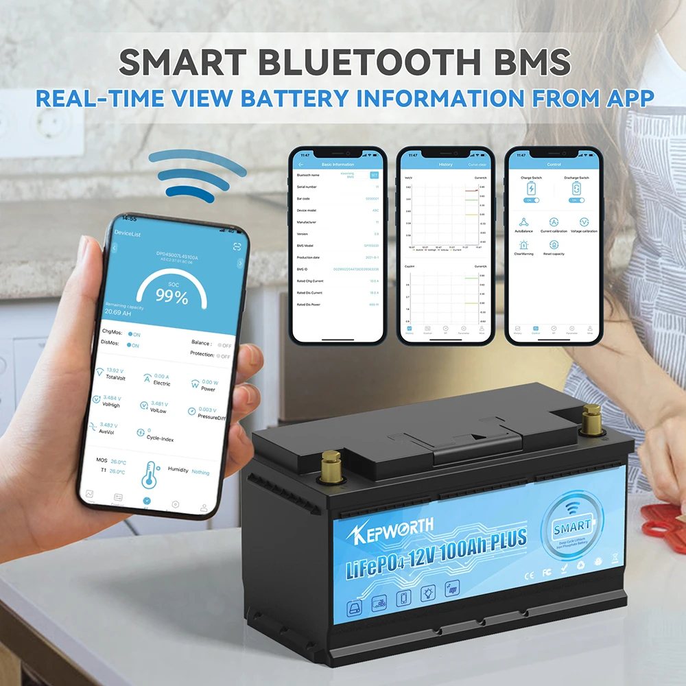 Акумулятор Kepworth LiFePO4 12V/100AH (1280W*h), Smart BMS, Bluetooth APP (літій-залізо-фосфатний акумулятор для ДБЖ (UPS)) — фото 3