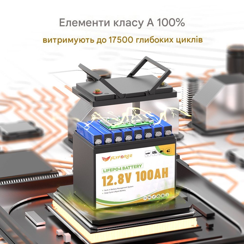 Акумулятор FLYFOREE LiFePO4 12V/100AH (1280W*h), Smart BMS, Bluetooth APP, (літій-залізо-фосфатний акумулятор для ДБЖ (UPS)) 260 мм — фото 3