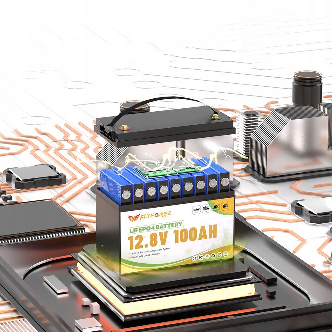 Акумулятор FLYFOREE LiFePO4 12V/100AH (1280W*h), Smart BMS, Bluetooth APP, (літій-залізо-фосфатний акумулятор для ДБЖ (UPS)) — фото 4