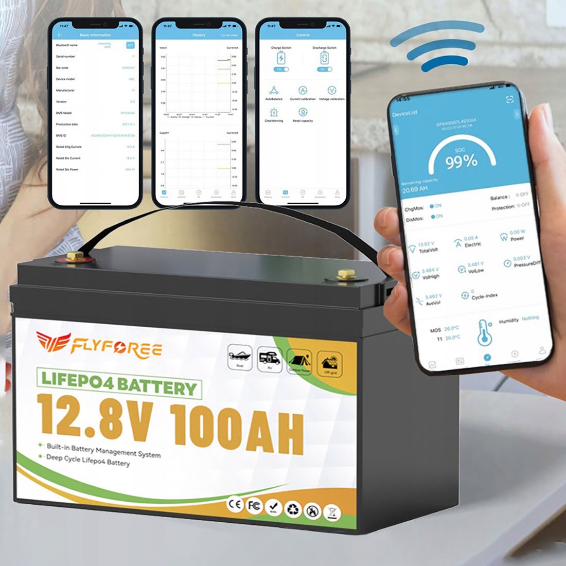 Акумулятор FLYFOREE LiFePO4 12V/100AH (1280W*h), Smart BMS, Bluetooth APP, (літій-залізо-фосфатний акумулятор для ДБЖ (UPS)) — фото 7