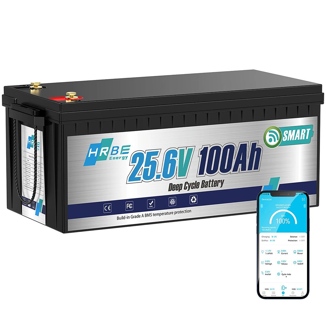 Акумулятор HRBEEnergy LiFePO4 24V/100AH (2560W*h), Smart BMS, Bluetooth APP, (літій-залізо-фосфатний акумулятор для ДБЖ (UPS)) 522 мм
