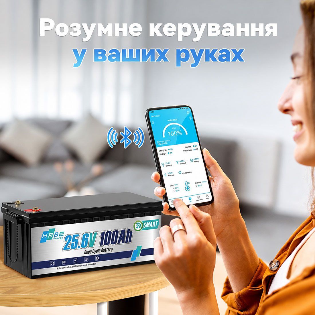 Акумулятор HRBEEnergy LiFePO4 24V/100AH (2560W*h), Smart BMS, Bluetooth APP, (літій-залізо-фосфатний акумулятор для ДБЖ (UPS)) 522 мм — фото 2