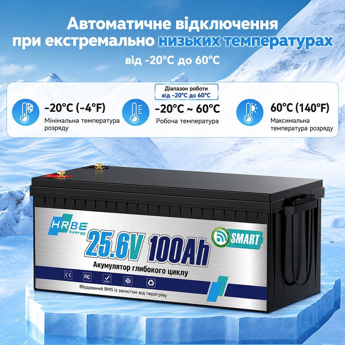 Акумулятор HRBEEnergy LiFePO4 24V/100AH (2560W*h), Smart BMS, Bluetooth APP, (літій-залізо-фосфатний акумулятор для ДБЖ (UPS)) 522 мм — фото 5