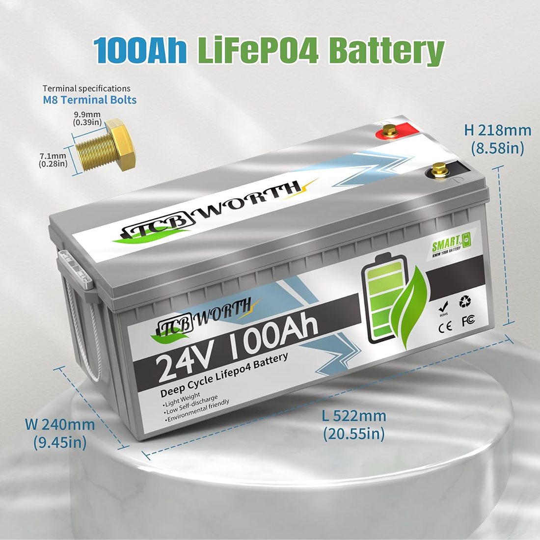 Акумулятор TCBWorth LiFePO4 24V/100AH (2560W*h), Smart BMS, Bluetooth APP (літій-залізо-фосфатний акумулятор для ДБЖ (UPS)) — фото 7