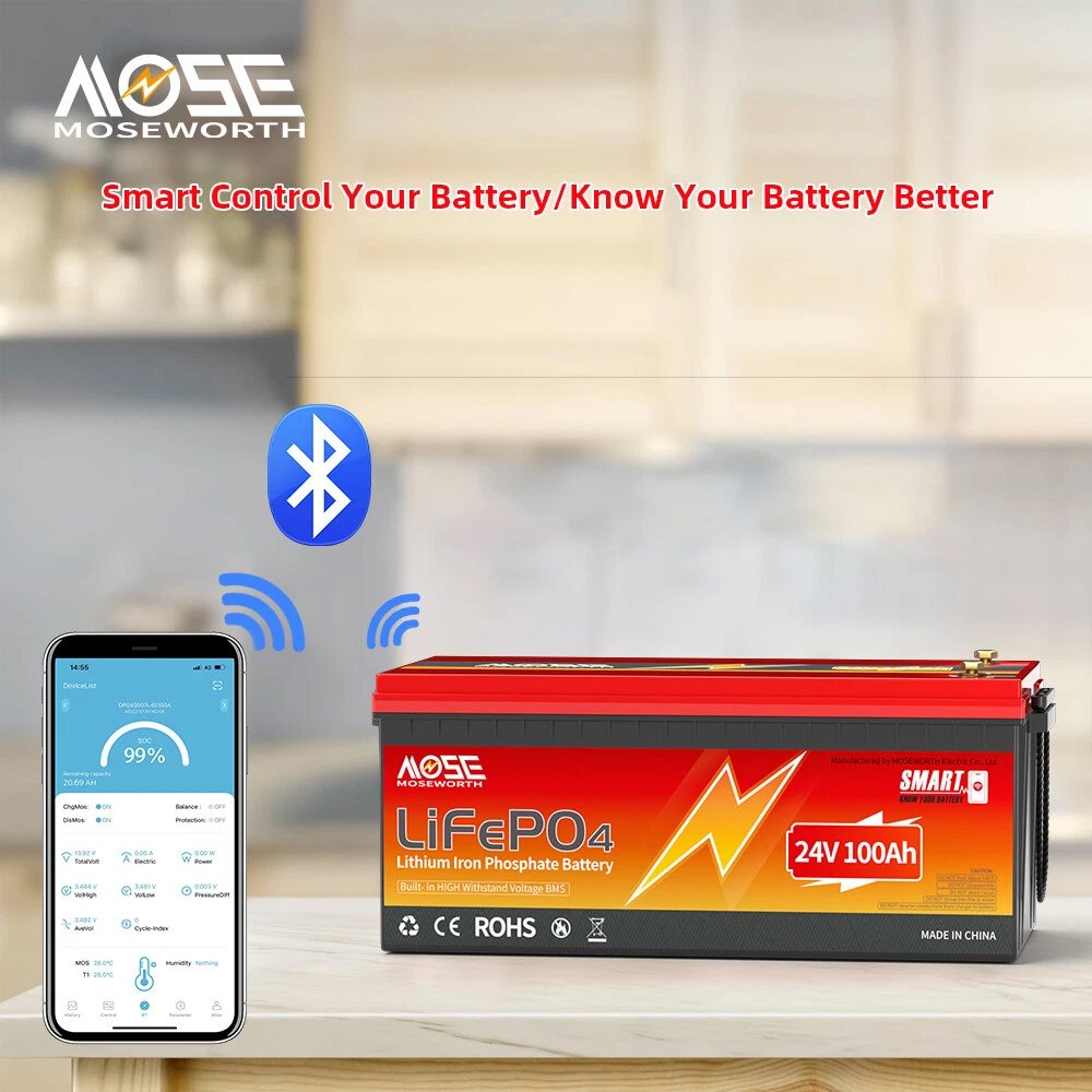 Акумулятор MOSEWORTH LiFePO4 24V/100AH (2560W*h), Smart BMS, Bluetooth APP, (літій-залізо-фосфатний акумулятор для ДБЖ (UPS)) — фото 3