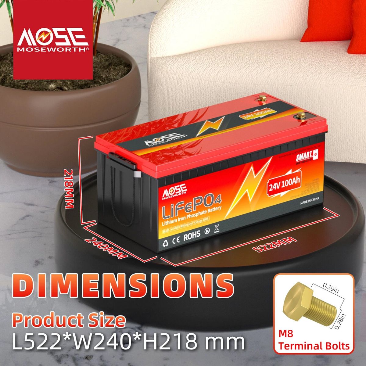 Акумулятор MOSEWORTH LiFePO4 24V/100AH (2560W*h), Smart BMS, Bluetooth APP, (літій-залізо-фосфатний акумулятор для ДБЖ (UPS)) — фото 4