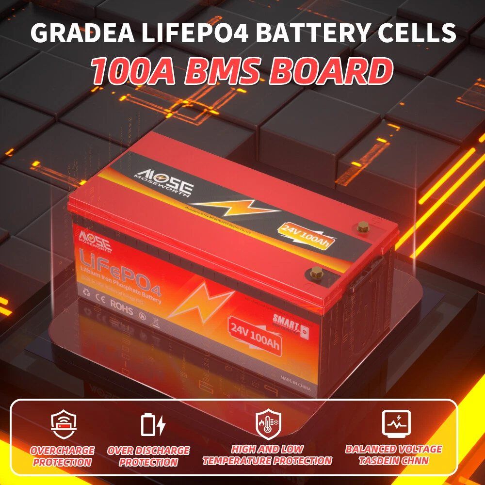 Акумулятор MOSEWORTH LiFePO4 24V/100AH (2560W*h), Smart BMS, Bluetooth APP, (літій-залізо-фосфатний акумулятор для ДБЖ (UPS)) — фото 5