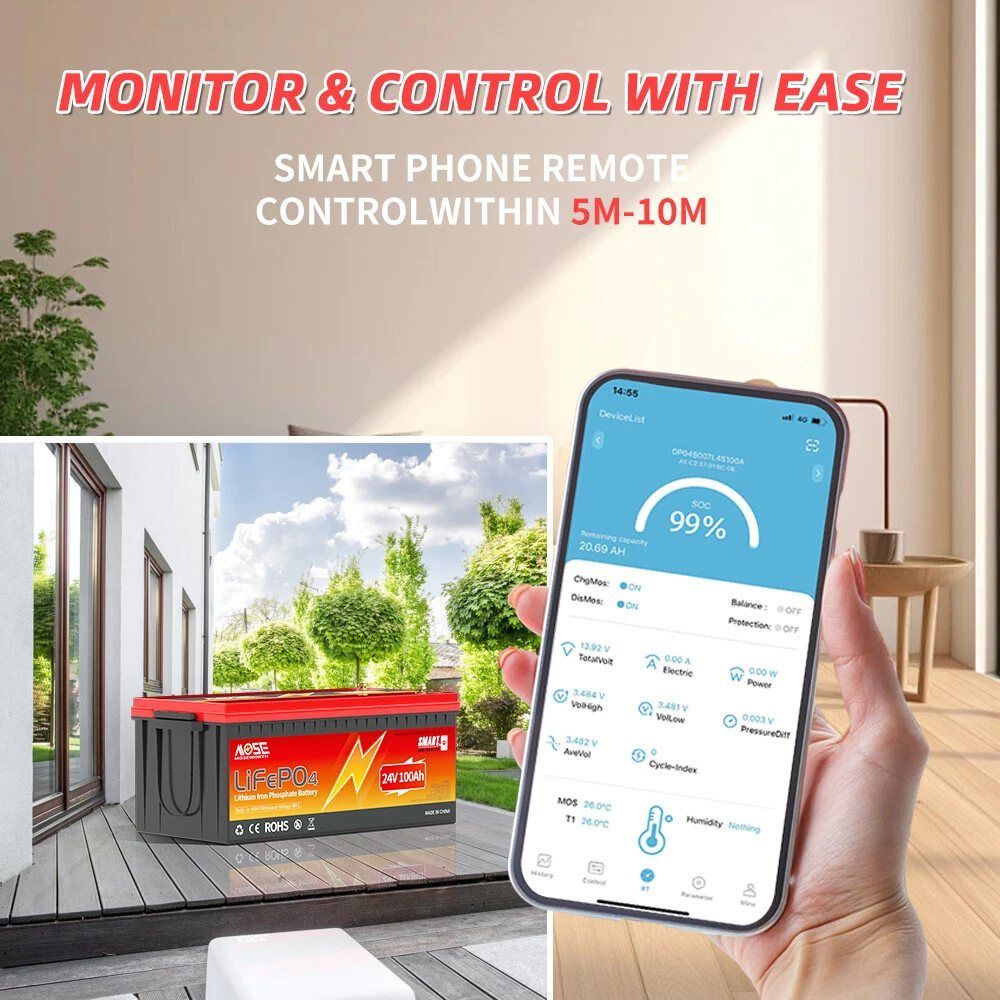 Акумулятор MOSEWORTH LiFePO4 24V/100AH (2560W*h), Smart BMS, Bluetooth APP, (літій-залізо-фосфатний акумулятор для ДБЖ (UPS)) — фото 7