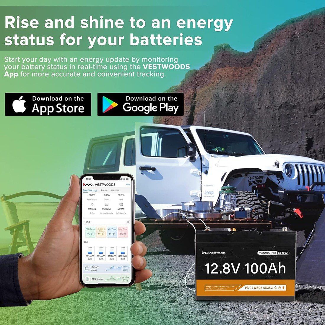 Акумулятор VESTWOODS LiFePO4 12V/100AH, 1280W*h, 100A, Smart BMS, Bluetooth APP (літій-залізо-фосфатний акумулятор для ДБЖ (UPS)) — фото 2