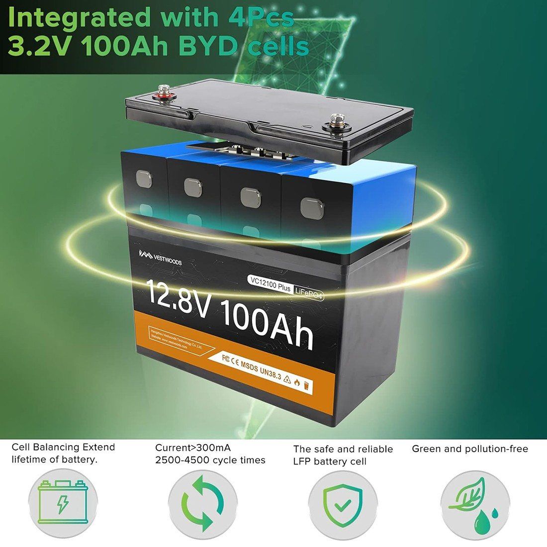 Акумулятор VESTWOODS LiFePO4 12V/100AH, 1280W*h, 100A, Smart BMS, Bluetooth APP (літій-залізо-фосфатний акумулятор для ДБЖ (UPS)) — фото 4