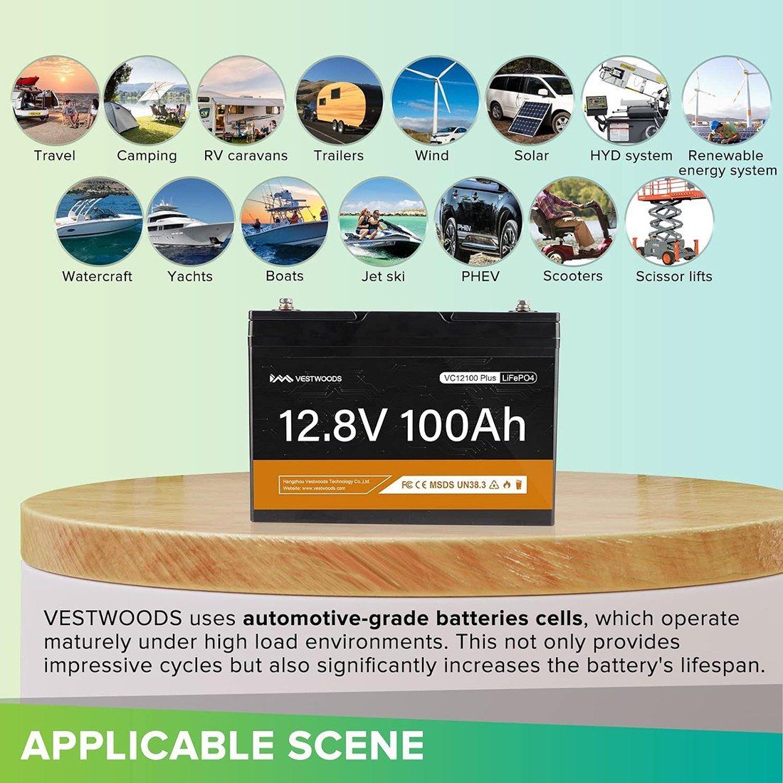 Акумулятор VESTWOODS LiFePO4 12V/100AH, 1280W*h, 100A, Smart BMS, Bluetooth APP (літій-залізо-фосфатний акумулятор для ДБЖ (UPS)) — фото 5