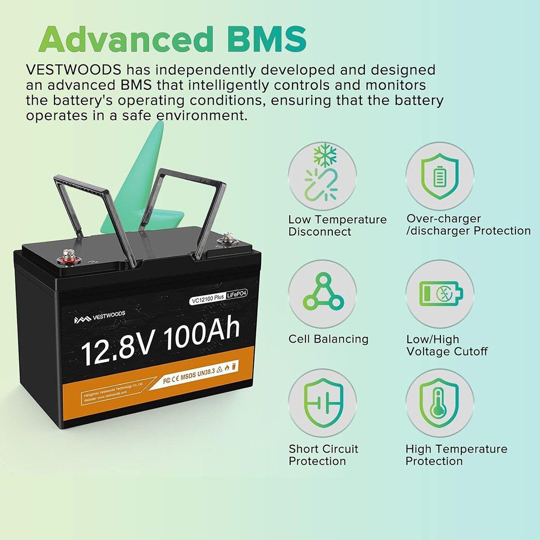 Акумулятор VESTWOODS LiFePO4 12V/100AH, 1280W*h, 100A, Smart BMS, Bluetooth APP (літій-залізо-фосфатний акумулятор для ДБЖ (UPS)) — фото 6