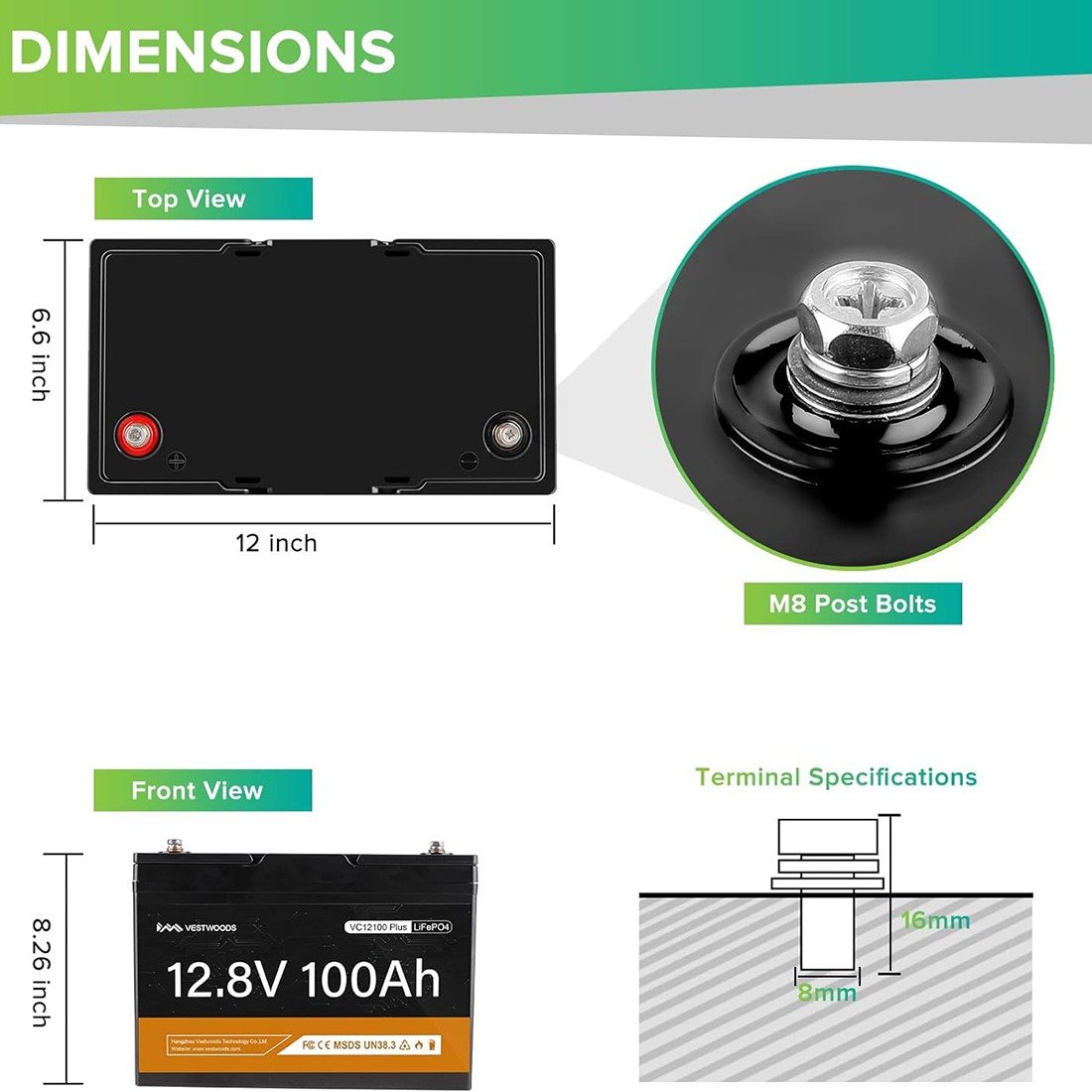Акумулятор VESTWOODS LiFePO4 12V/100AH, 1280W*h, 100A, Smart BMS, Bluetooth APP (літій-залізо-фосфатний акумулятор для ДБЖ (UPS)) — фото 7