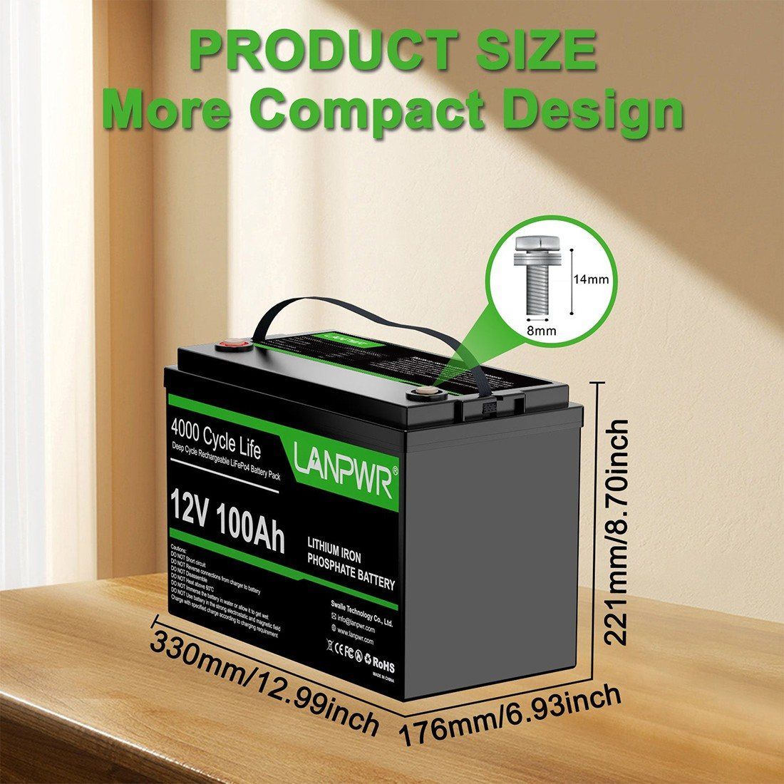 Акумулятор LanPWR LiFePO4 12V/100AH, 100A (1280W*h) (літій-залізо-фосфатний акумулятор для ДБЖ (UPS)) — фото 4