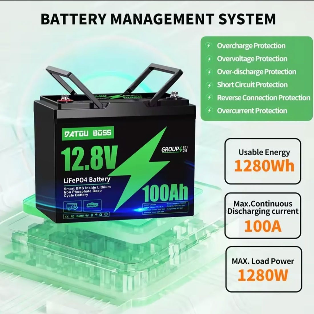 Акумулятор DATOU BOSS LiFePO4 12V/100AH (1280W*h) (літій-залізо-фосфатний акумулятор для ДБЖ (UPS)) — фото 3