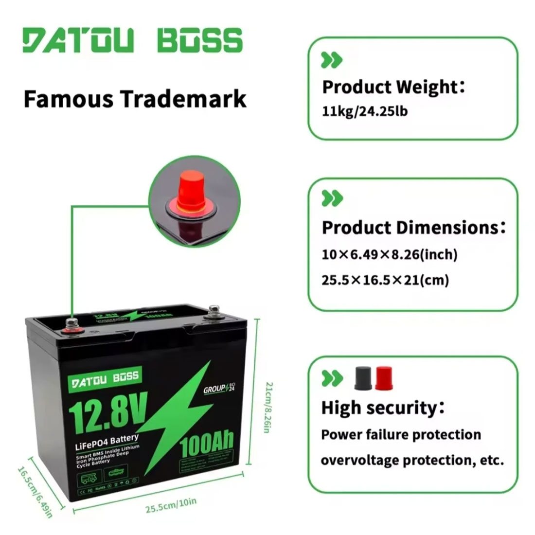 Акумулятор DATOU BOSS LiFePO4 12V/100AH (1280W*h) (літій-залізо-фосфатний акумулятор для ДБЖ (UPS)) — фото 6