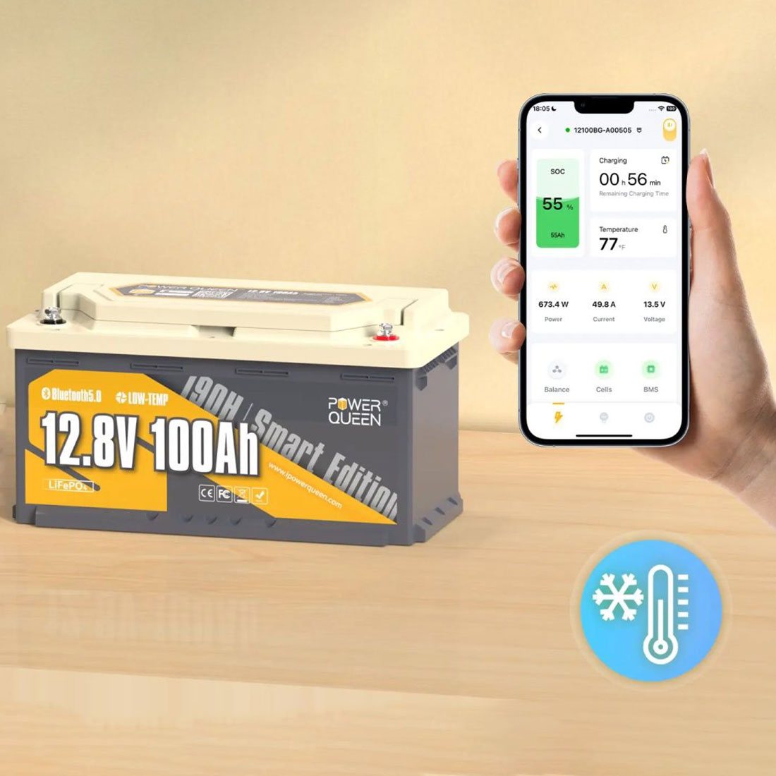 Акумулятор Power Queen LiFePO4 12V/100Ah (1280Wh) Smart BMS, Bluetooth APP (літій-залізо-фосфатний акумулятор для ДБЖ (UPS)) — фото 2