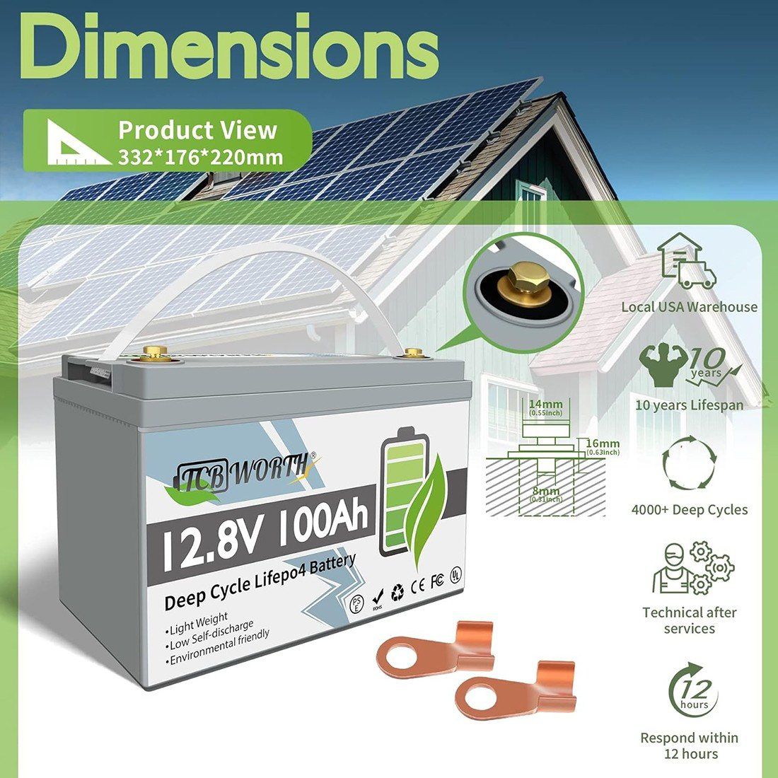 Акумулятор TCBWorth LiFePO4 12V/100AH, 1280W*h, 100A (літій-залізо-фосфатний акумулятор для ДБЖ (UPS)) — фото 2