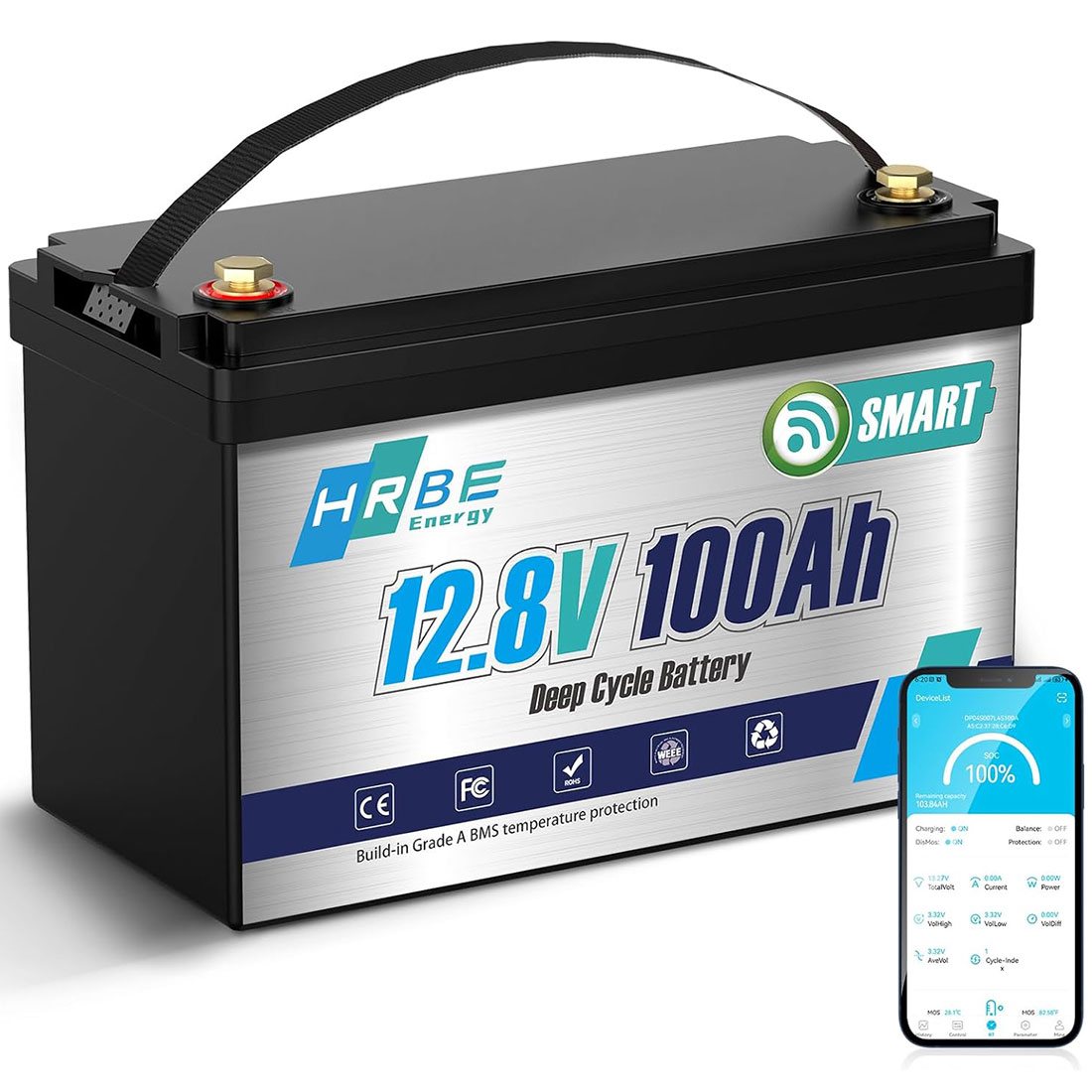 Акумулятор HRBEEnergy LiFePO4 12V/100AH (1280W*h), Smart BMS, Bluetooth APP, (літій-залізо-фосфатний акумулятор для ДБЖ (UPS))