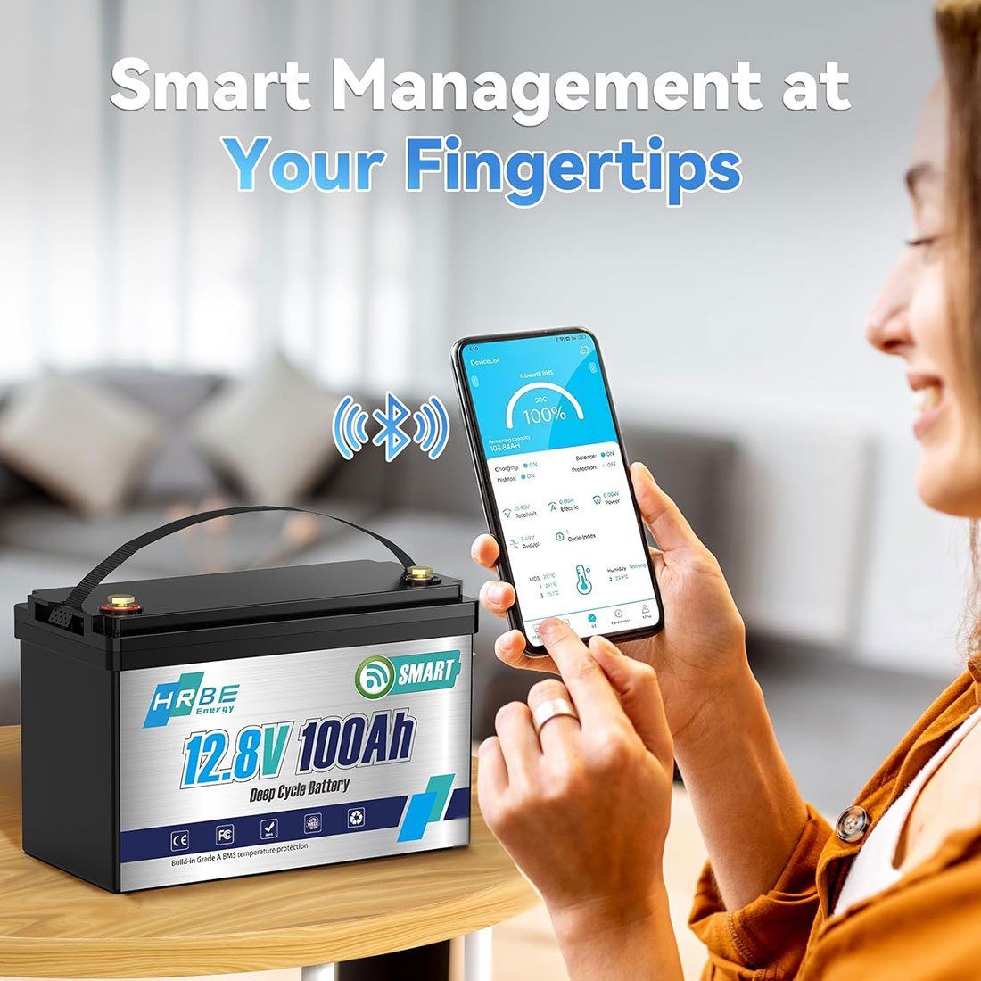 Акумулятор HRBEEnergy LiFePO4 12V/100AH (1280W*h), Smart BMS, Bluetooth APP, (літій-залізо-фосфатний акумулятор для ДБЖ (UPS)) — фото 2