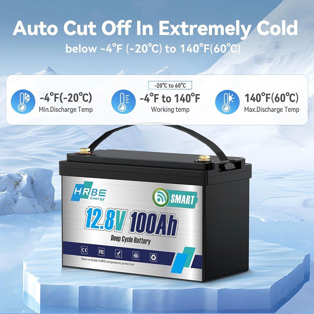Акумулятор HRBEEnergy LiFePO4 12V/100AH (1280W*h), Smart BMS, Bluetooth APP, (літій-залізо-фосфатний акумулятор для ДБЖ (UPS)) — фото 4
