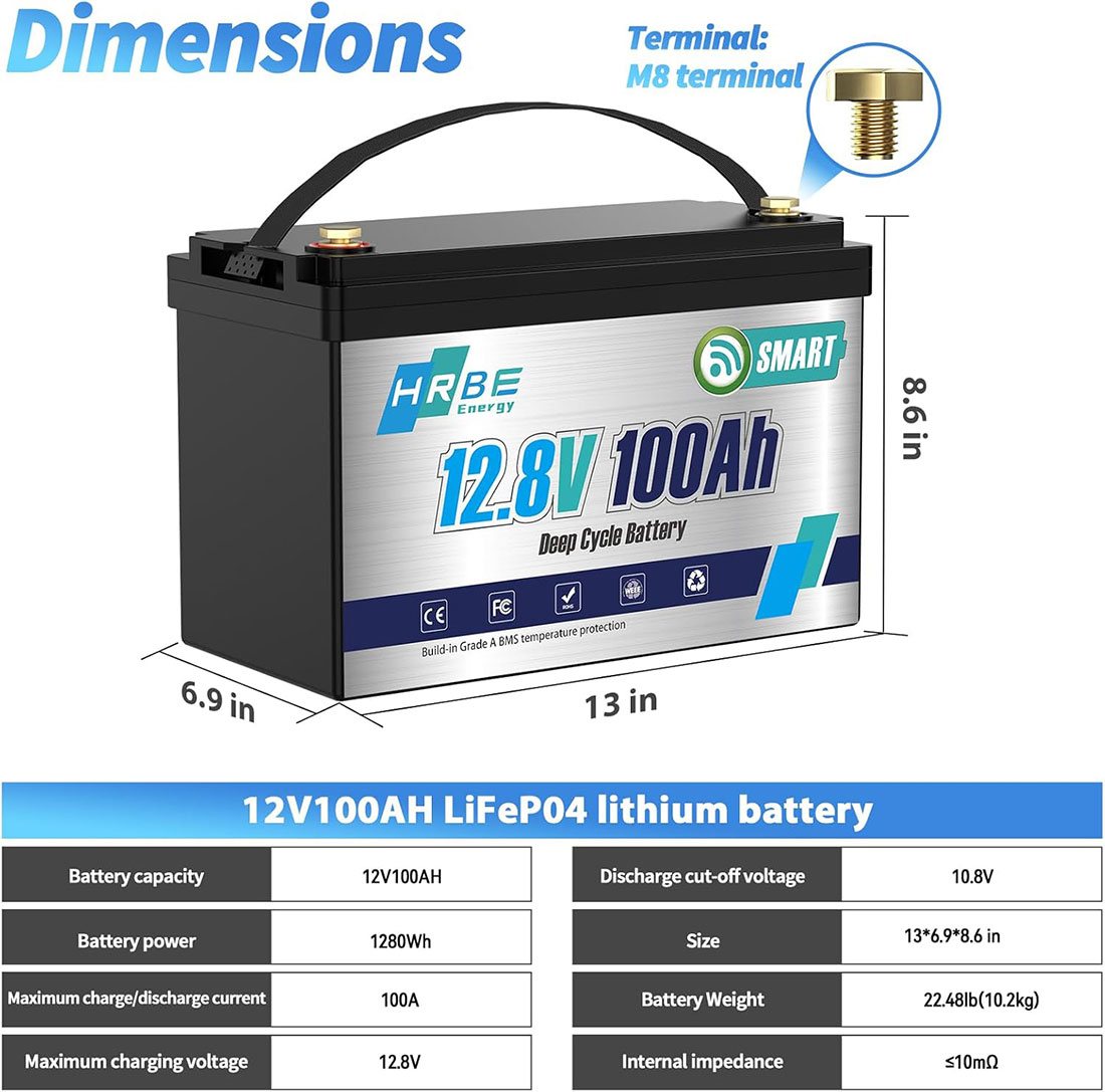 Акумулятор HRBEEnergy LiFePO4 12V/100AH (1280W*h), Smart BMS, Bluetooth APP, (літій-залізо-фосфатний акумулятор для ДБЖ (UPS)) — фото 8