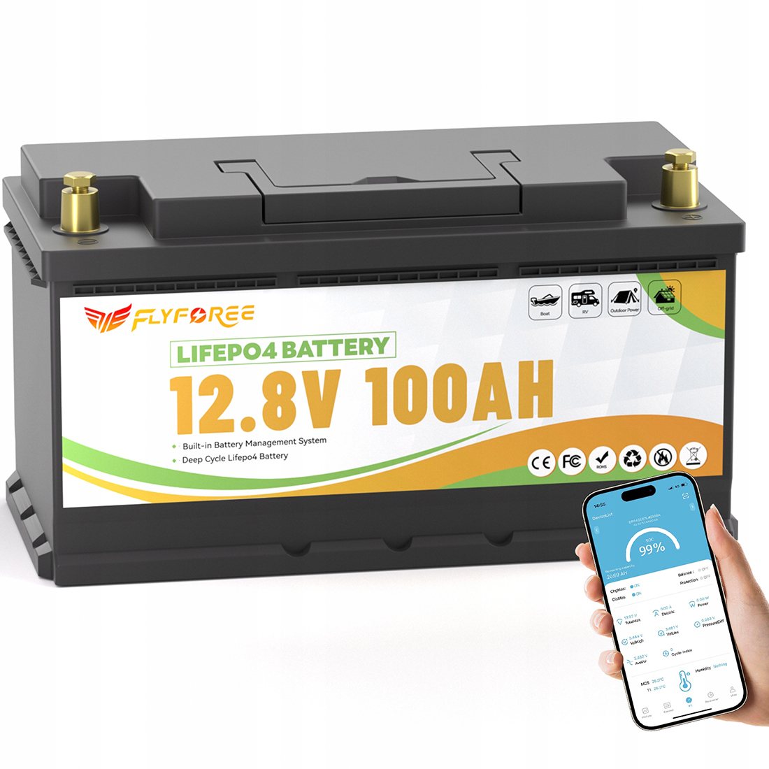 Аккумулятор FLYFOREE LiFePO4 12V/100AH (1280W*h), Smart BMS, Bluetooth APP, (літій-залізо-фосфатний аккумулятор для ДБЖ (UPS)) 352 мм