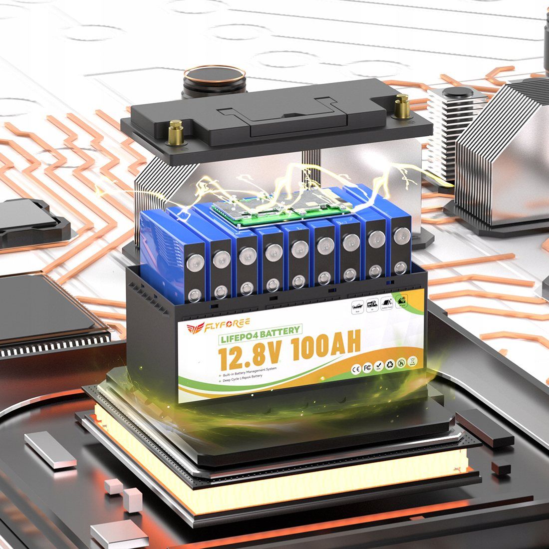 Акумулятор FLYFOREE LiFePO4 12V/100AH (1280W*h), Smart BMS, Bluetooth APP, (літій-залізо-фосфатний акумулятор для ДБЖ (UPS)) 352 мм — фото 5