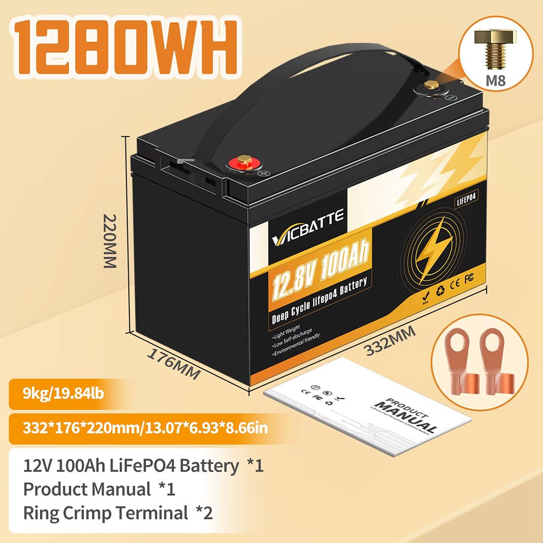 Акумулятор VICBATTE LiFePO4 12.8V/100AH, 1280W*h (літій-залізо-фосфатний акумулятор для ДБЖ (UPS)) — фото 3