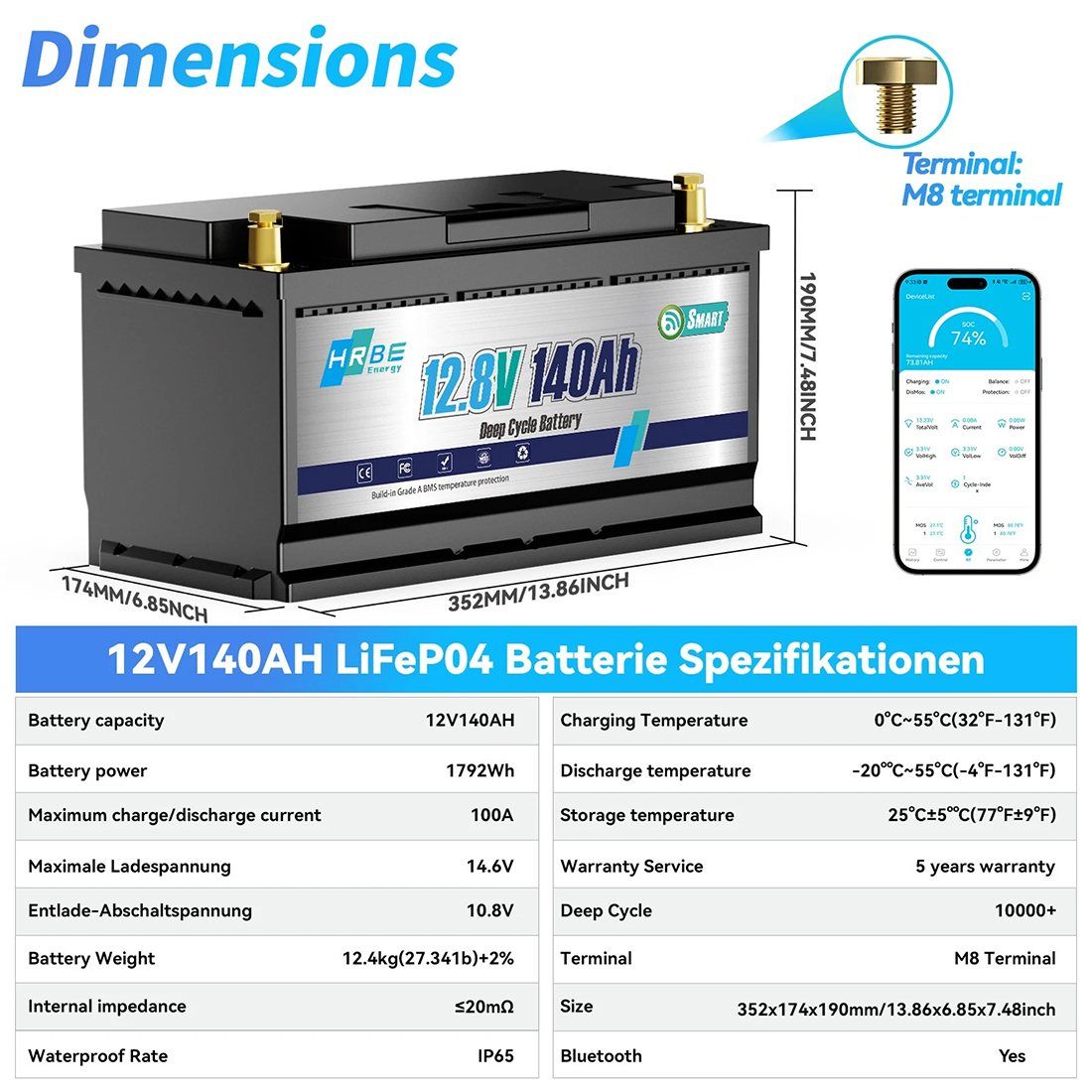 Акумулятор HRBEEnergy LiFePO4 12V/140AH (1792W*h), Smart BMS, Bluetooth APP, (літій-залізо-фосфатний акумулятор для ДБЖ (UPS)) — фото 3
