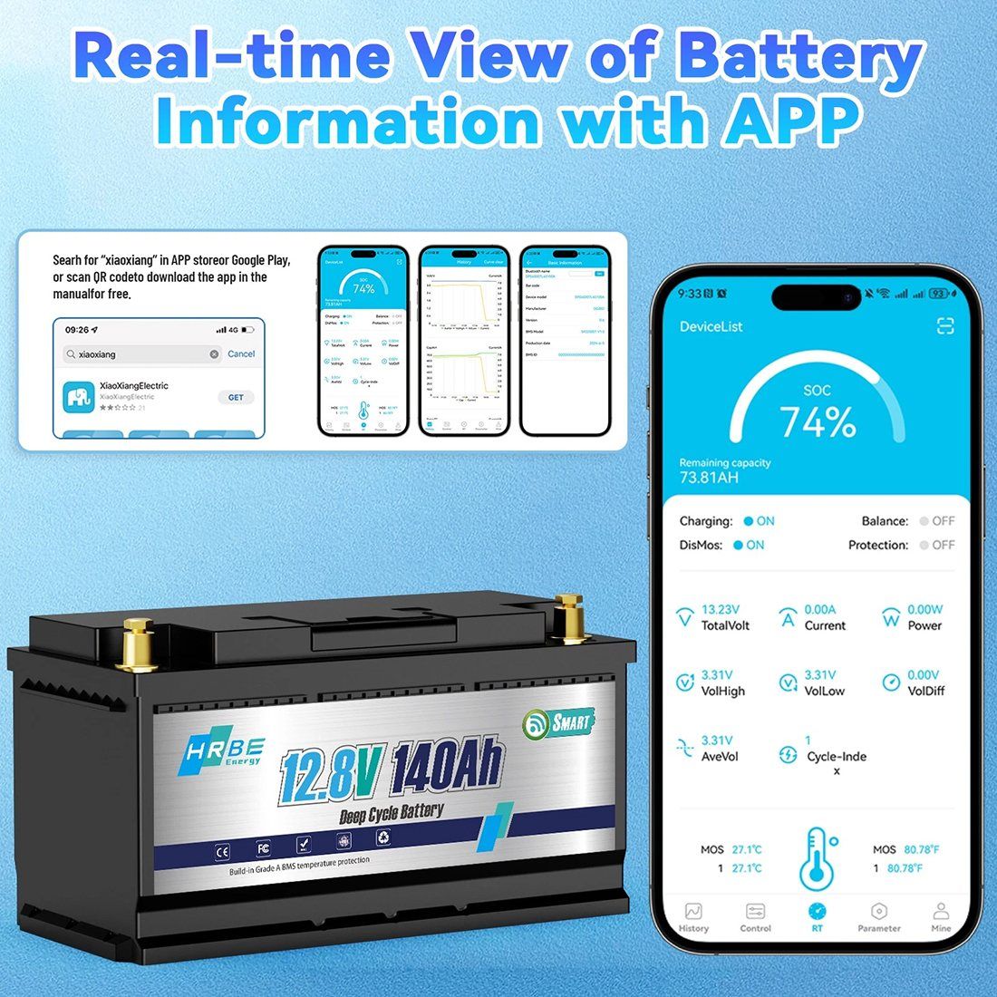 Акумулятор HRBEEnergy LiFePO4 12V/140AH (1792W*h), Smart BMS, Bluetooth APP, (літій-залізо-фосфатний акумулятор для ДБЖ (UPS)) — фото 5