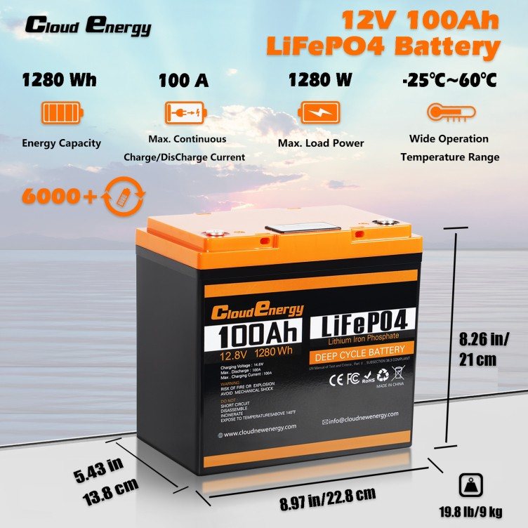 Акумулятор Cloud Energy LiFePO4 12V/100AH, 1280W*h, 100А (з дисплеєм, літій-залізо-фосфатний акумулятор для ДБЖ (UPS)) — фото 2