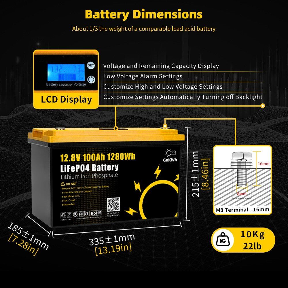 Акумулятор GoKwt LiFePO4 12V/100AH (1280W*h), з дисплеєм (літій-залізо-фосфатний акумулятор для ДБЖ (UPS)) — фото 8