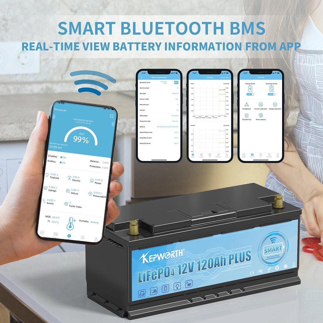 Акумулятор Kepworth LiFePO4 12V/120AH (1536W*h), Smart BMS, Bluetooth APP (літій-залізо-фосфатний акумулятор для ДБЖ (UPS)) — фото 4