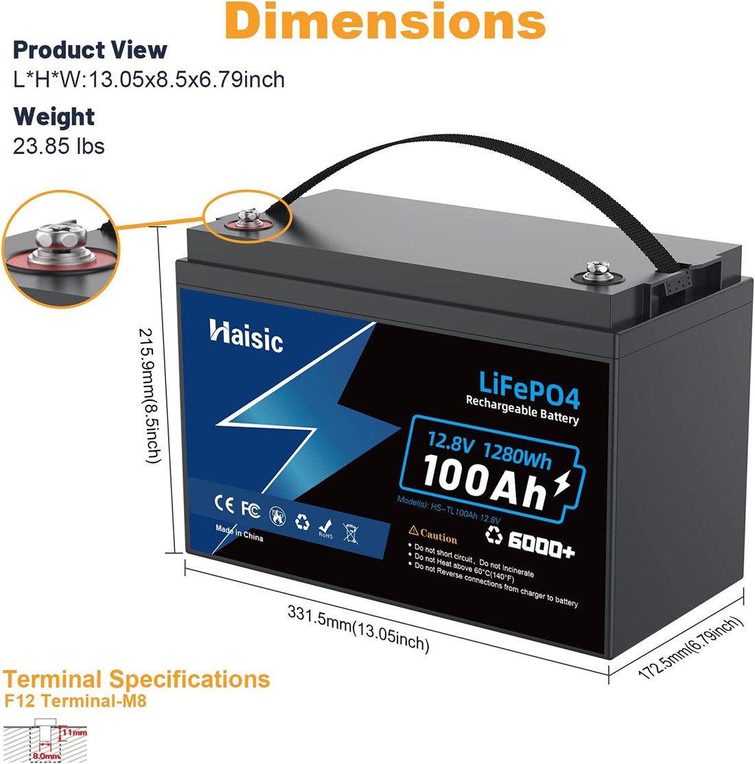 Акумулятор Haisic LiFePO4 12V/100AH, 1280W*h, 100А (літій-залізо-фосфатний акумулятор для ДБЖ (UPS)) — фото 5
