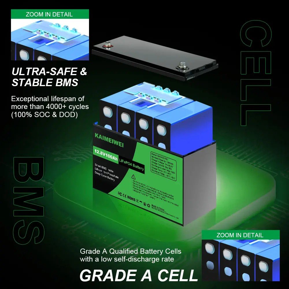 Акумулятор Kaimeiwei LiFePO4 12V/100AH, 1280W*h, 50A/100А (літій-залізо-фосфатний акумулятор для ДБЖ (UPS)) — фото 2