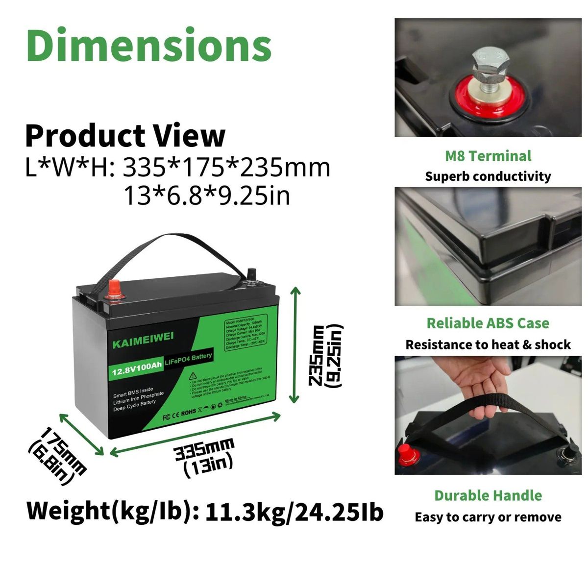 Акумулятор Kaimeiwei LiFePO4 12V/100AH, 1280W*h, 50A/100А (літій-залізо-фосфатний акумулятор для ДБЖ (UPS)) — фото 3