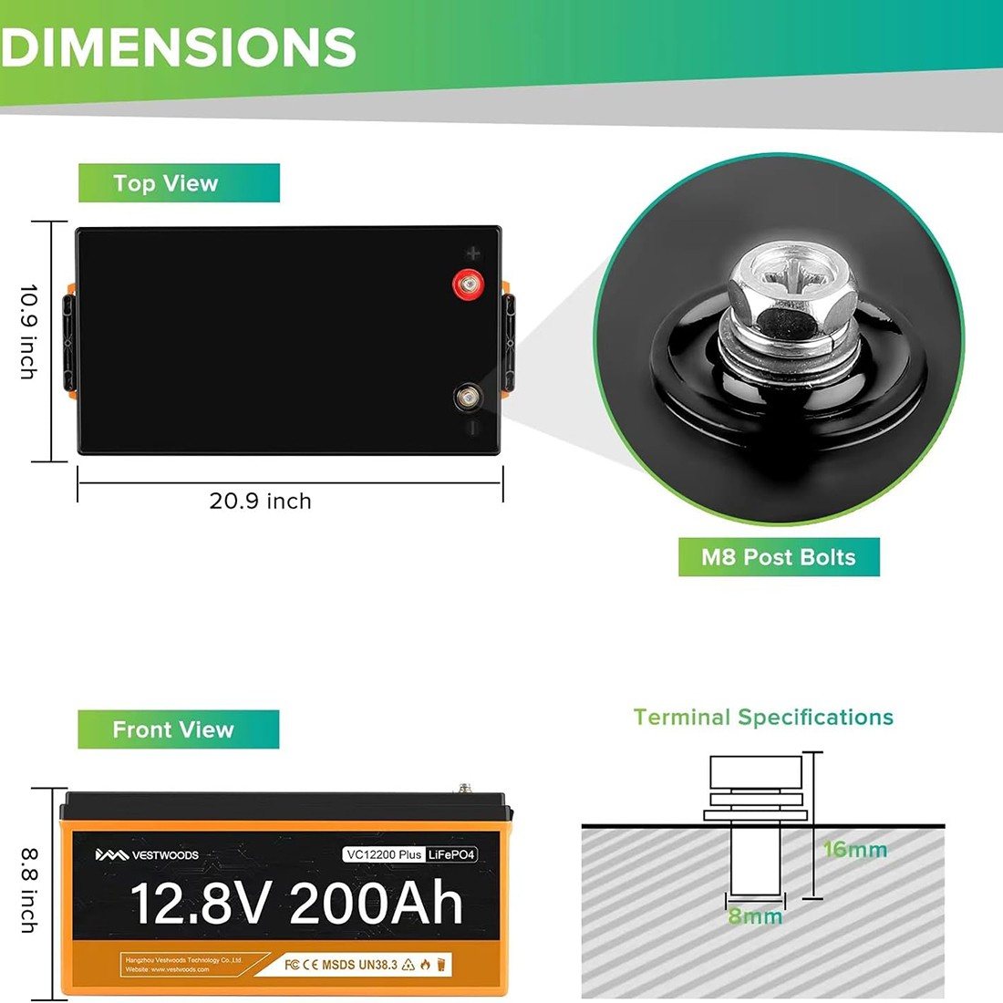 Акумулятор VESTWOODS LiFePO4 12V/200AH, 2560W*h, 100A, Smart BMS, Bluetooth APP (літій-залізо-фосфатний акумулятор для ДБЖ (UPS)) — фото 3