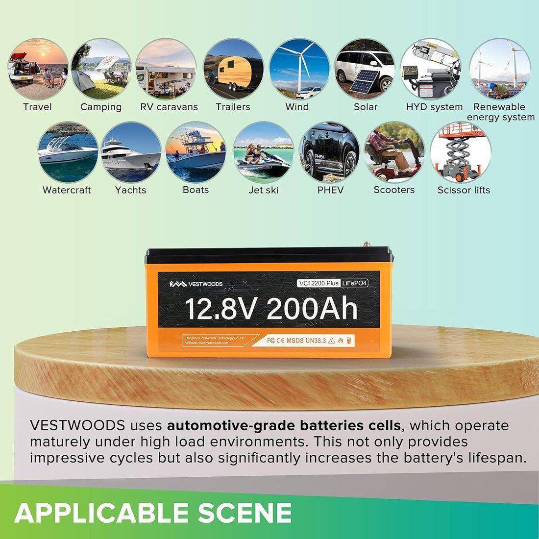 Акумулятор VESTWOODS LiFePO4 12V/200AH, 2560W*h, 100A, Smart BMS, Bluetooth APP (літій-залізо-фосфатний акумулятор для ДБЖ (UPS)) — фото 4