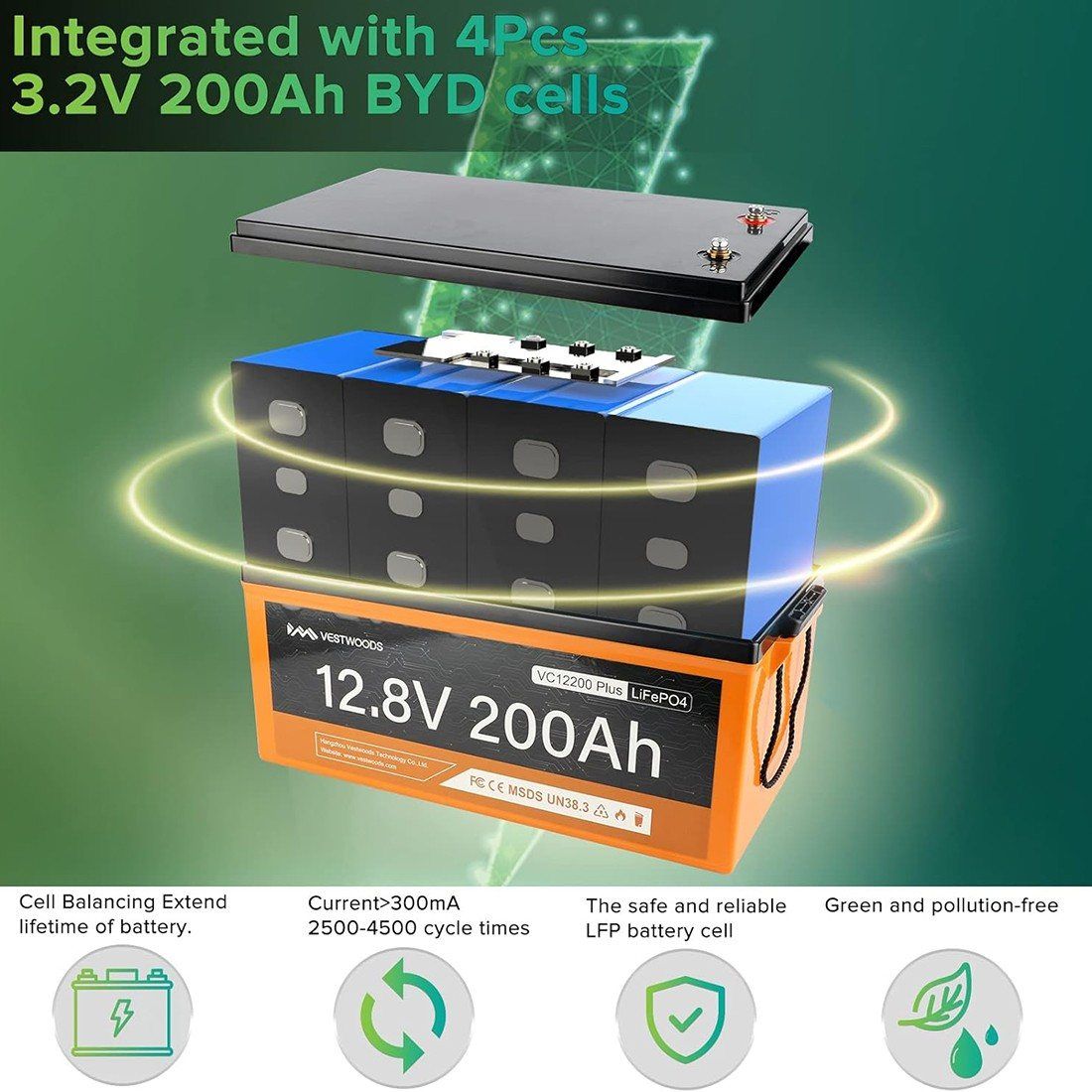 Акумулятор VESTWOODS LiFePO4 12V/200AH, 2560W*h, 100A, Smart BMS, Bluetooth APP (літій-залізо-фосфатний акумулятор для ДБЖ (UPS)) — фото 7