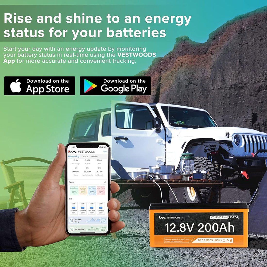Акумулятор VESTWOODS LiFePO4 12V/200AH, 2560W*h, 100A, Smart BMS, Bluetooth APP (літій-залізо-фосфатний акумулятор для ДБЖ (UPS)), помаранчевий — фото 2
