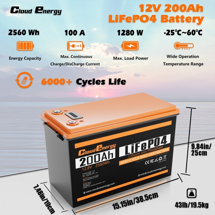 Акумулятор Cloud Energy LiFePO4 12V/200AH, 2560W*h, 100А (з дисплеєм, літій-залізо-фосфатний акумулятор для ДБЖ (UPS)) — фото 3