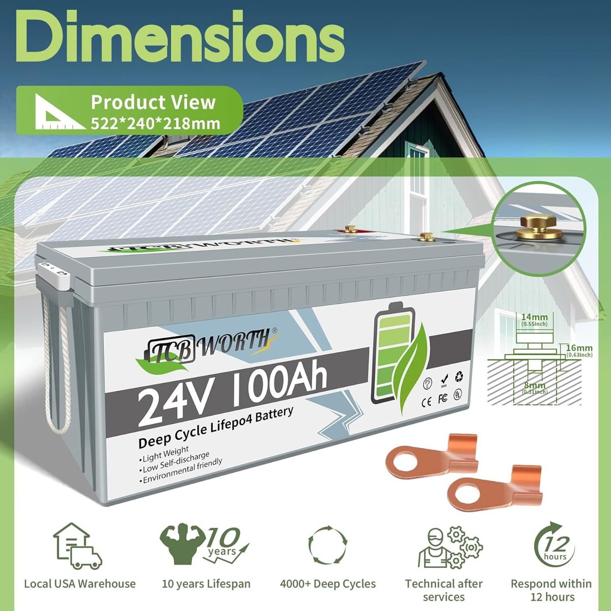 Акумулятор TCBWorth LiFePO4 25,6V/100AH, 2560W*h, 100A (літій-залізо-фосфатний акумулятор для ДБЖ (UPS)) — фото 2
