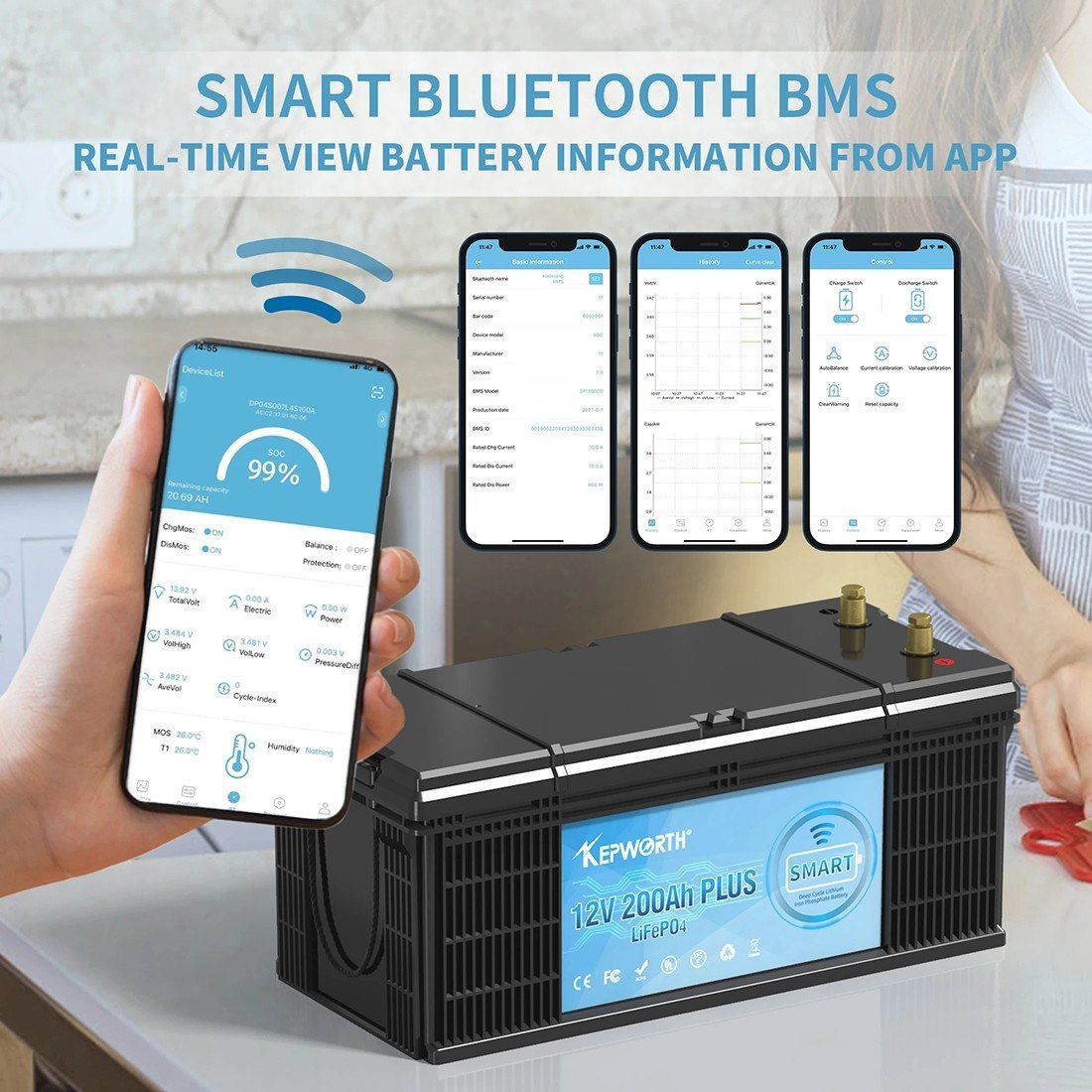 Акумулятор Kepworth LiFePO4 12V/200AH (2560W*h), Smart BMS, Bluetooth APP (літій-залізо-фосфатний акумулятор для ДБЖ (UPS)) — фото 2