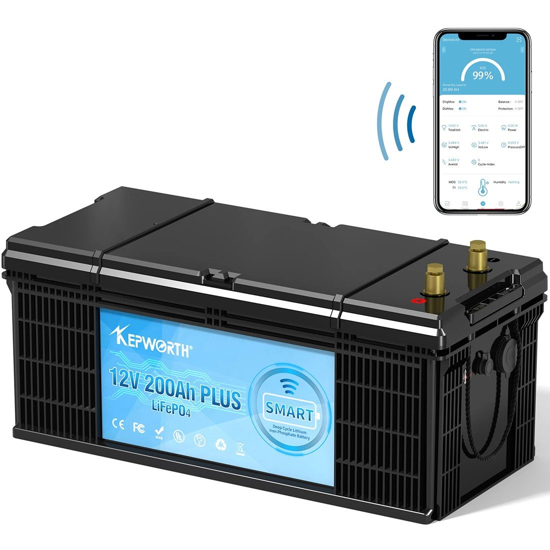 Акумулятор Kepworth LiFePO4 12V/200AH (2560W*h), Smart BMS, Bluetooth APP (літій-залізо-фосфатний акумулятор для ДБЖ (UPS)) — фото 6