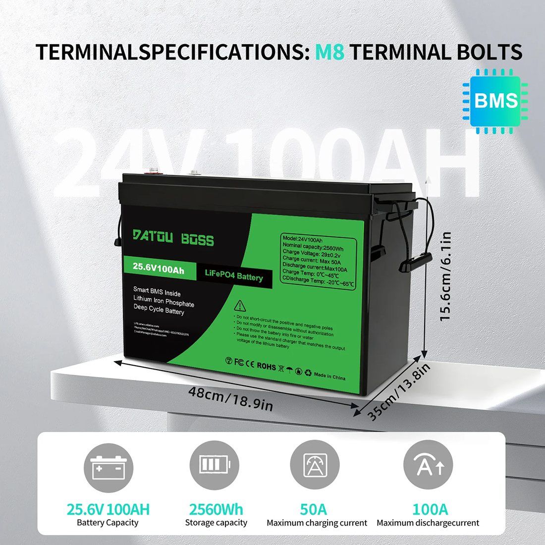 Акумулятор DATOU BOSS LiFePO4 24V/100AH (2560W*h) (літій-залізо-фосфатний акумулятор для ДБЖ (UPS)) — фото 3